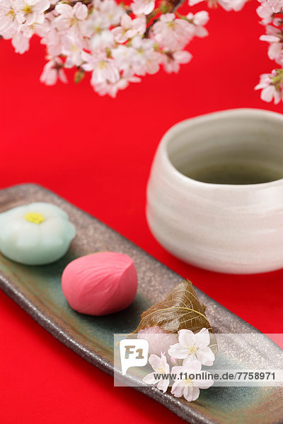 Cherry blossoms green tea and Japanese confectionery