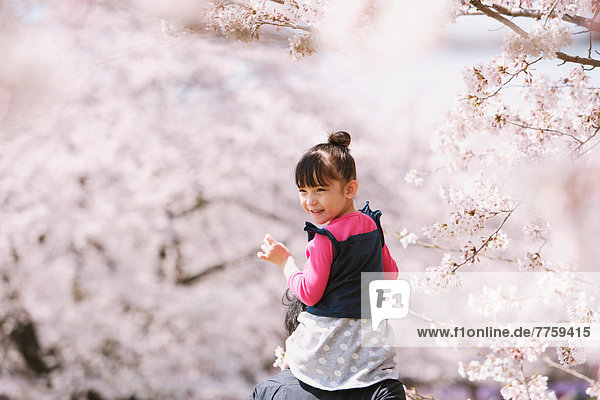 Father and daughter between cherry trees