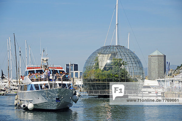 'Excursion boat in front of the glass sphere ''Biosfera''  Porto Antico'