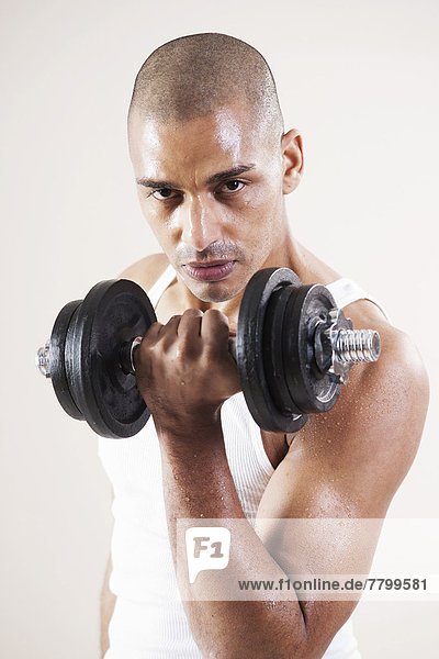 Portrait of Man Looking at Camera  Lifting Barbell Weights doing Bicep Curls  Studio Shot