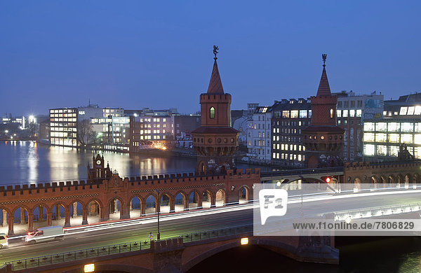 Germany Berlin Oberbaum Bridge near River Spree at dusk