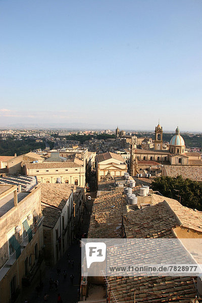 Italy  Europe  Sicily  Caltagirone  town view  houses  homes  roofs  church