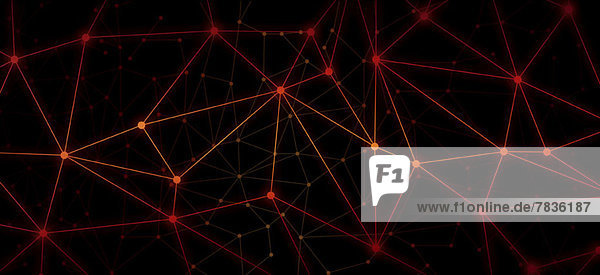 Ein Netz aus leuchtend roten Punkten  die durch Linien vor einem schwarzen Hintergrund verbunden sind.