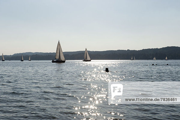 Silhouetted swimmers and sailboats in lake at Starnberger Sea  Bavaria  Germany