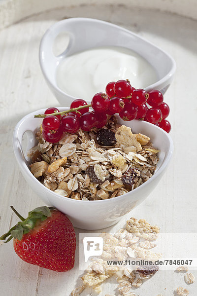 Bowl of muesli with yogurt and fruit  close up