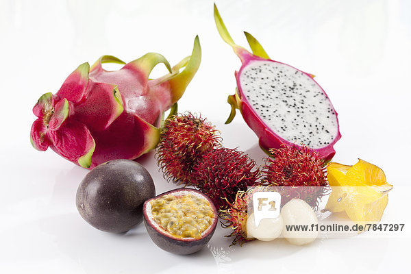 Varieties of fruits on white background  close up