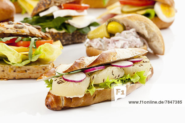 Varieties of bread rolls with Harzer cheese and radish on white background  close up