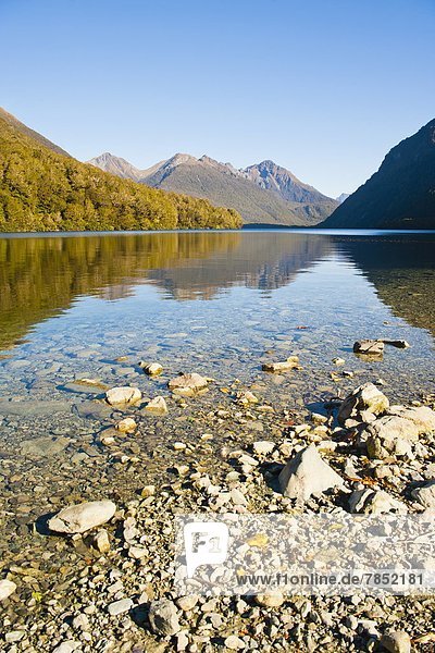 Reflection of mountains in Lake Gunn  Fiordland National Park  UNESCO World Heritage Site  South Island  New Zealand  Pacific