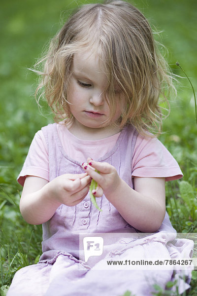 Kleines Mädchen  das im Gras sitzt und mit einem Grashalm spielt.