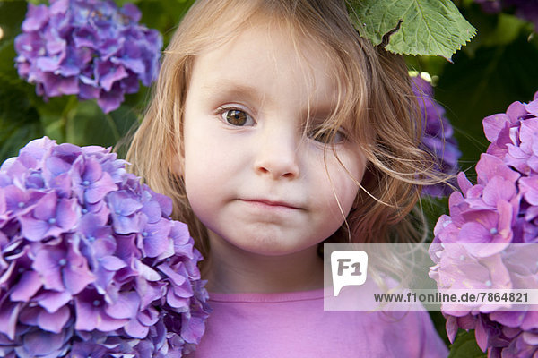 Kleines Mädchen umgeben von Hortensienblüten,  Portrait