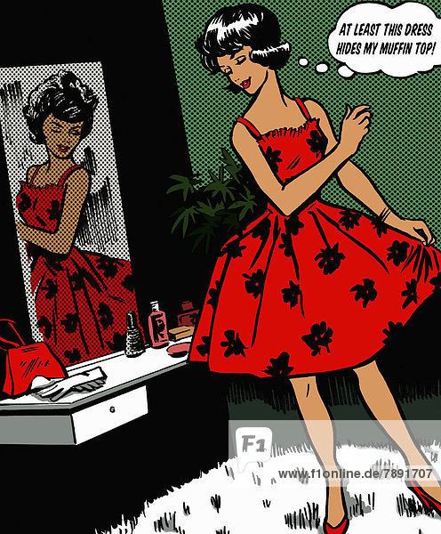 Frau mit Gedankenblase schaut ihr Kleid im Spiegel an