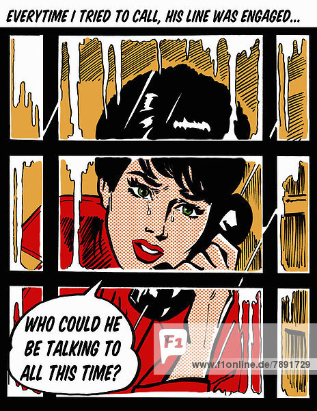 Weinende Frau mit Sprechblase in einer Telefonzelle