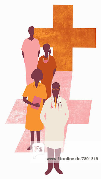 Ärzte und Krankenpfleger vor orangefarbenem und rosafarbenem Kreuz