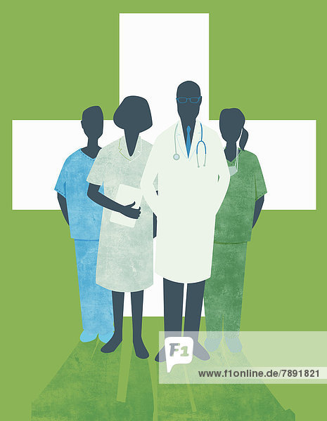 Ärzte und Krankenpfleger vor weißem Kreuz