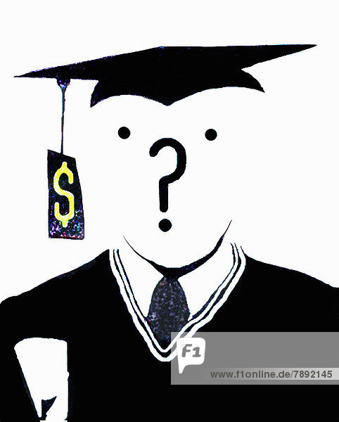 Fragezeichen über dem Gesicht eines Hochschulabsolventen mit Dollar-Preisschild