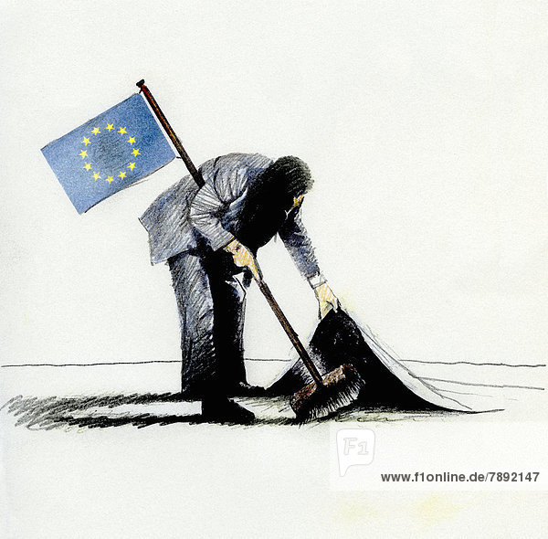 Mann mit Flagge der Europäischen Union kehrt Schmutz unter den Teppich