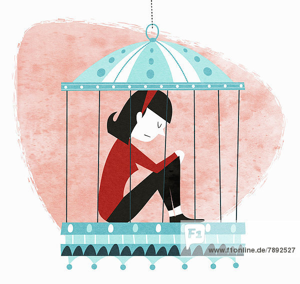 Traurige Frau sitzt im Vogelkäfig