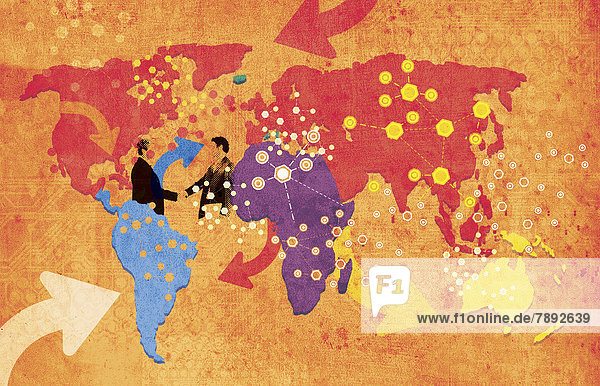 Pfeile  Netzwerke und Geschäftsmänner beim Handschlag auf einer Weltkarte