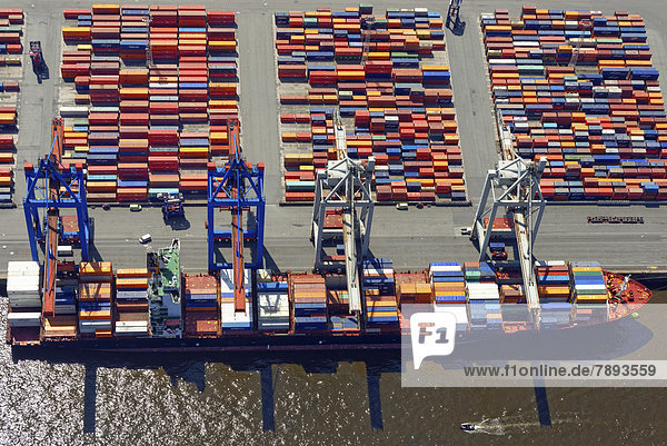 Aerial view  container ship at Athabaskakai  HHLA Container Terminal Waltershof