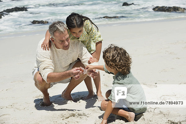 Children with their grandfather on the beach
