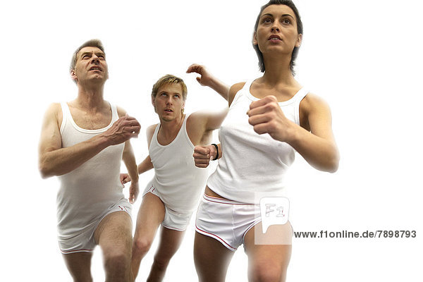 Two men and a woman running in white outfits