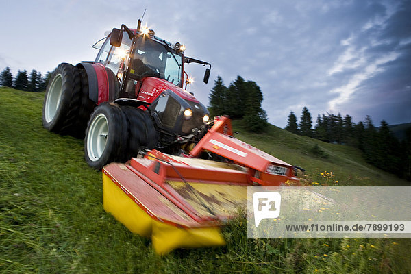 Traktor beim Heu mähen