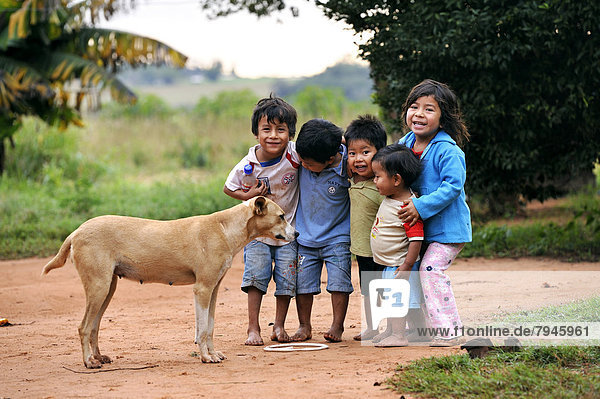 Group of happy children with a dog  in a community of Guarani Indians