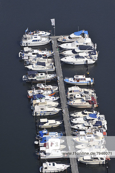 Aerial view  motor boats at a jetty on the Dove-Elbe  an anabranch of the Unterelbe River