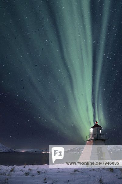 Polarlicht über Fjord mit Leuchtturm im Winter