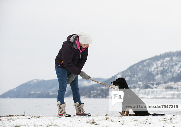Volle Länge der jungen Frau die den Stock am Hund hält während sie auf einer verschneiten Landschaft steht.