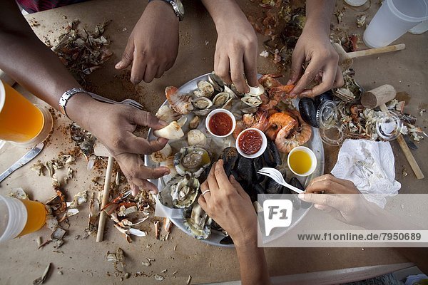 Tourist Speisefisch und Meeresfrucht graben gräbt grabend Fest festlich