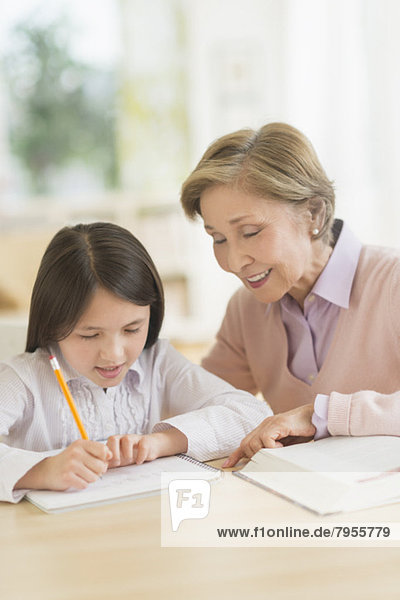 Grandmother and granddaughter (8-9) doing homework
