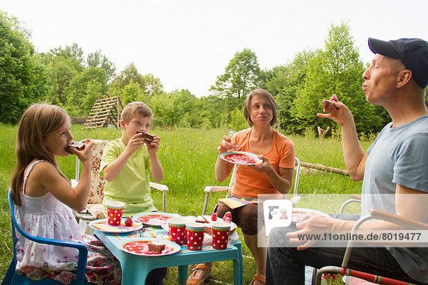 Familie mit zwei Kindern beim Geburtstagskuchen-Picknick