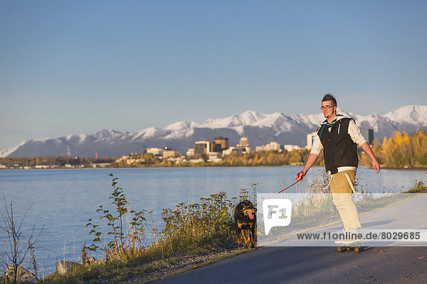 Teenage boy riding his skateboard while being pulled by his rottweiler dog on the tony knowles coastal trail at sunset Anchorage alaska united states of america