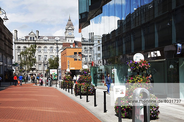 A pathway lined with flower planters and buildings in a busy urban centre Dublin city county dublin ireland