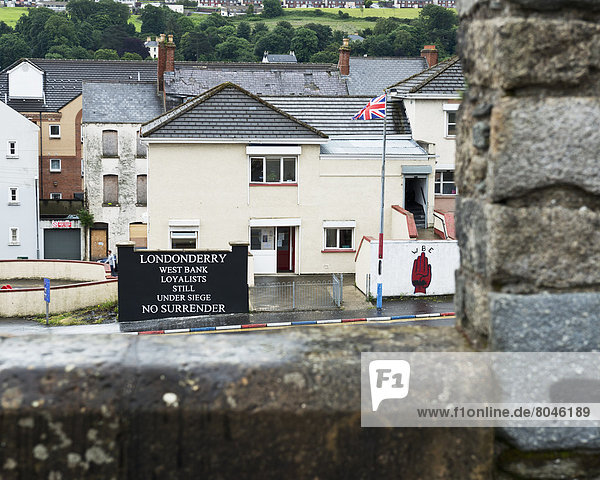 Loyalist Unionist sign and union jack flag  Derry  County Londonderry  Northern Ireland  United Kingdom