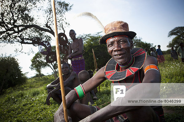 Portrait of traditionally dressed man from Pokot tribe  Lake Baringo  Rift Valley  Kenya