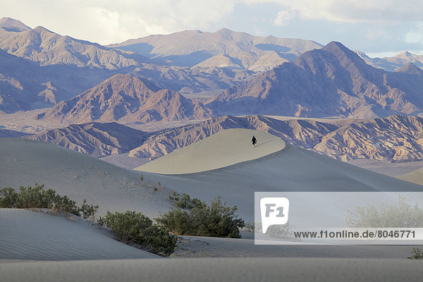 USA  California  Young woman walking on Mesquite Flat sand dunes with Amargosa Range mountains in background  Death Valley National Park
