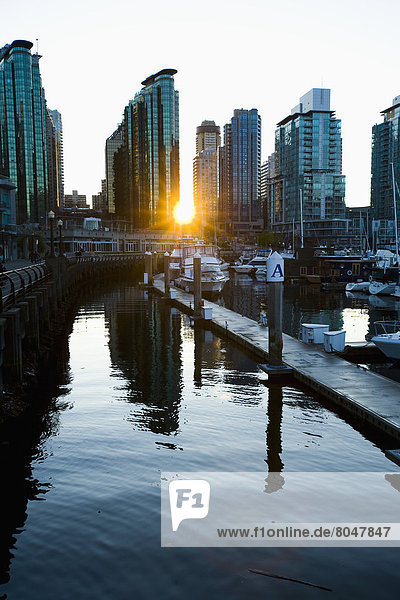 Fischereihafen  Fischerhafen  hinter  Skyline  Skylines  Tischset  Gebäude  Großstadt  British Columbia  Kanada  Sonne  Vancouver