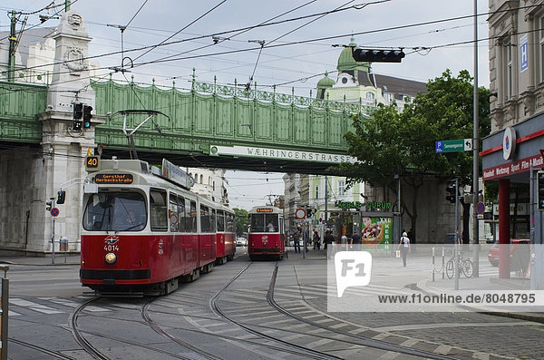 Red trams at Waehringerstrasse  Vienna  Austria