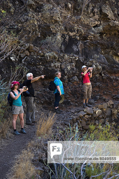 Tourists looking at Lo del Gato in Barranco de Benchijigua in Integral Nature Reserve   Santiago Ravine  La Gomera  Canary Islands  Spain