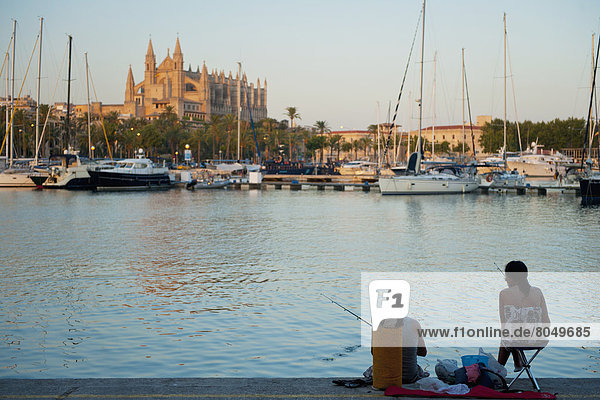 Fischereihafen  Fischerhafen  Kathedrale  frontal  angeln  Palma de Mallorca  Abenddämmerung  Mallorca  Spanien