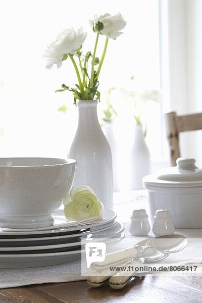 Stapel Essgeschirr schneiden weiß Blumenvase Tisch Hahnenfuss