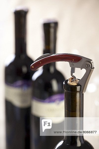 Bottle of red wine with corkscrew