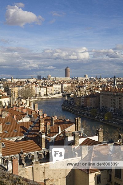 'View over the roofs of Lyon (69) and the Saone river. In the background  the ''Crayon'''
