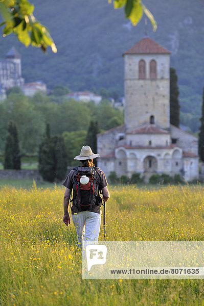 'Pilgrim with a backpack and a pilgrim's staff  walking in a field in bloom near the Basilica of Saint Just de Valcabrere  Saint-Bertrand-de-Comminges (31) on the Way of St James in the Pyrenees  ''Voie du Piemont Pyreneen'' (Pre-Pyrenees)'