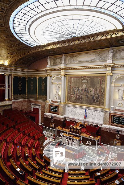 Paris (75): Premises of the French National Assembly. Here  the empty benches of the Commons / House of Representatives