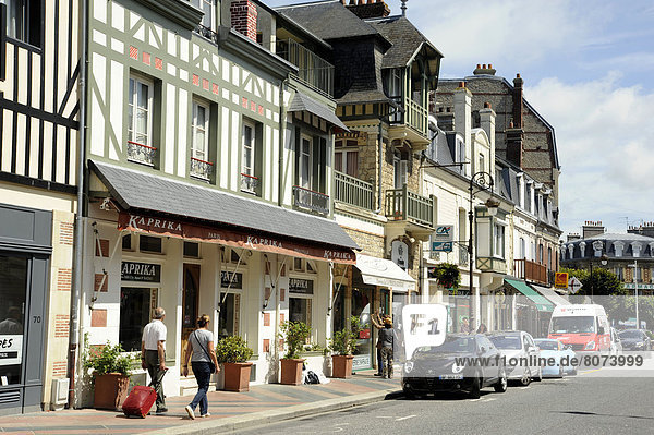 'Shops and half timbered houses in the street ''rue Desire le Hoc''  main street of Deauville (14)'