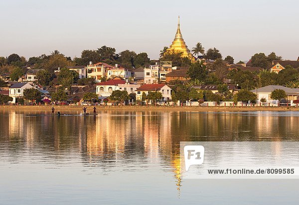 sehen  Abend  baden  Beleuchtung  Licht  Stadt  See  Ansicht  Myanmar  Asien  vergoldet  Shan Staat  Stupa