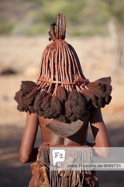 zeigen  Frau  bedecken  Tradition  Kleidung  Schmuck  Rückansicht  mischen  Ansicht  jung  Namibia  entfernt  flechten  flechtend  flechted  Geographie  Haar  Kunene  Leder  Norden  ocker
